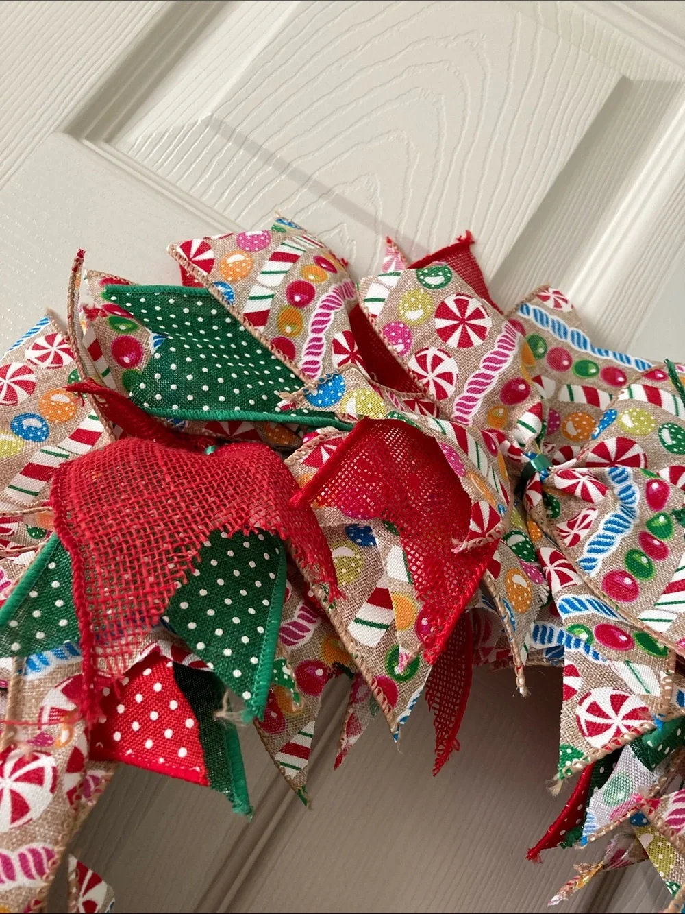 HANDMADE CHRISTMAS FARMHOUSE RIBBON RAG WREATH COTTAGECORE POLKA DOT RED GREEN